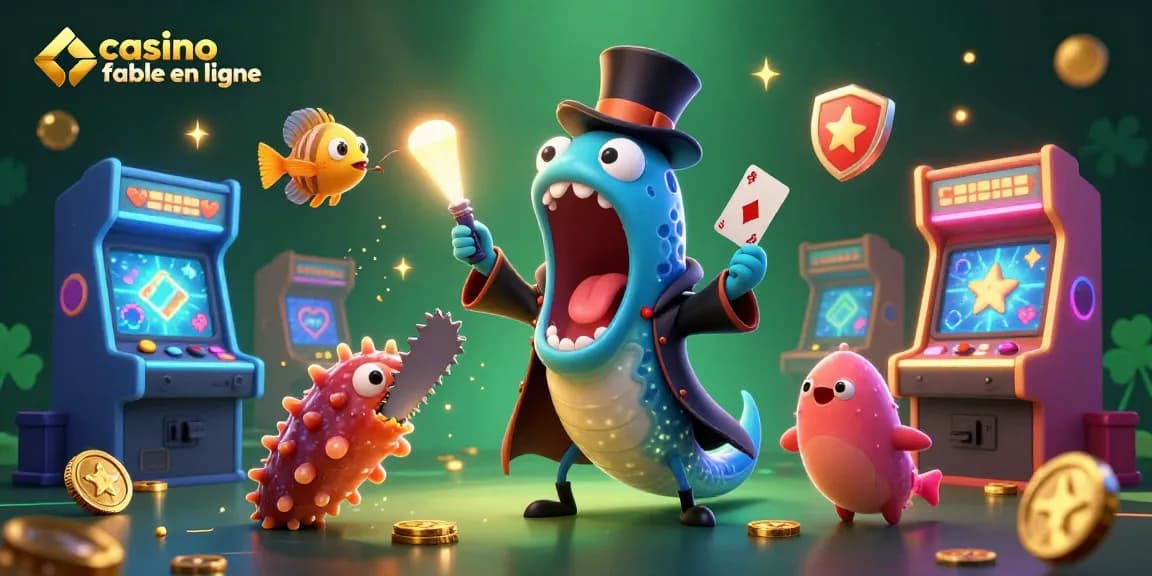 Illustration d'un casino fiable en ligne avec un poisson-lanterne, une anguille à gulper et un concombre de mer en spectacle.