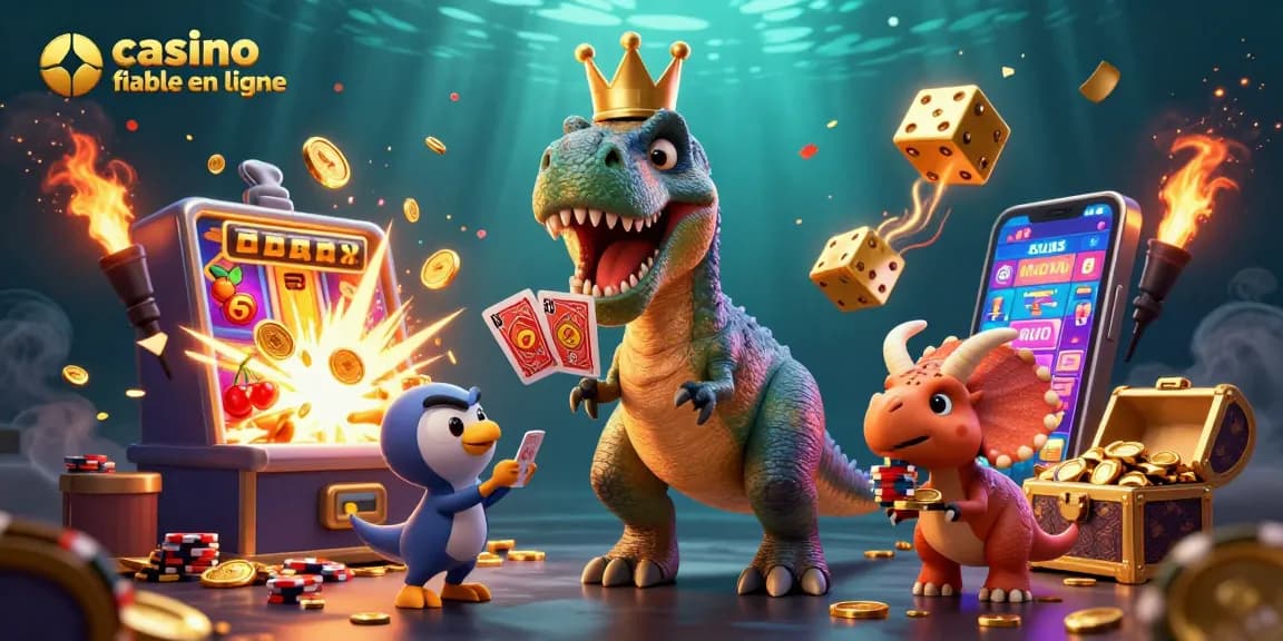 Casino fiable en ligne : T-Rex et ses amis s'amusent avec des cartes et des jetons d'or.