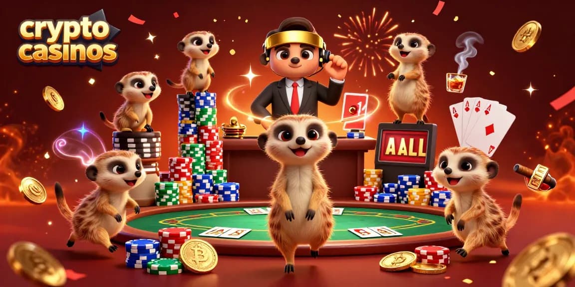 Suricates gérant un casino en ligne crypto avec une ambiance festive, jetons et cartes de poker.
