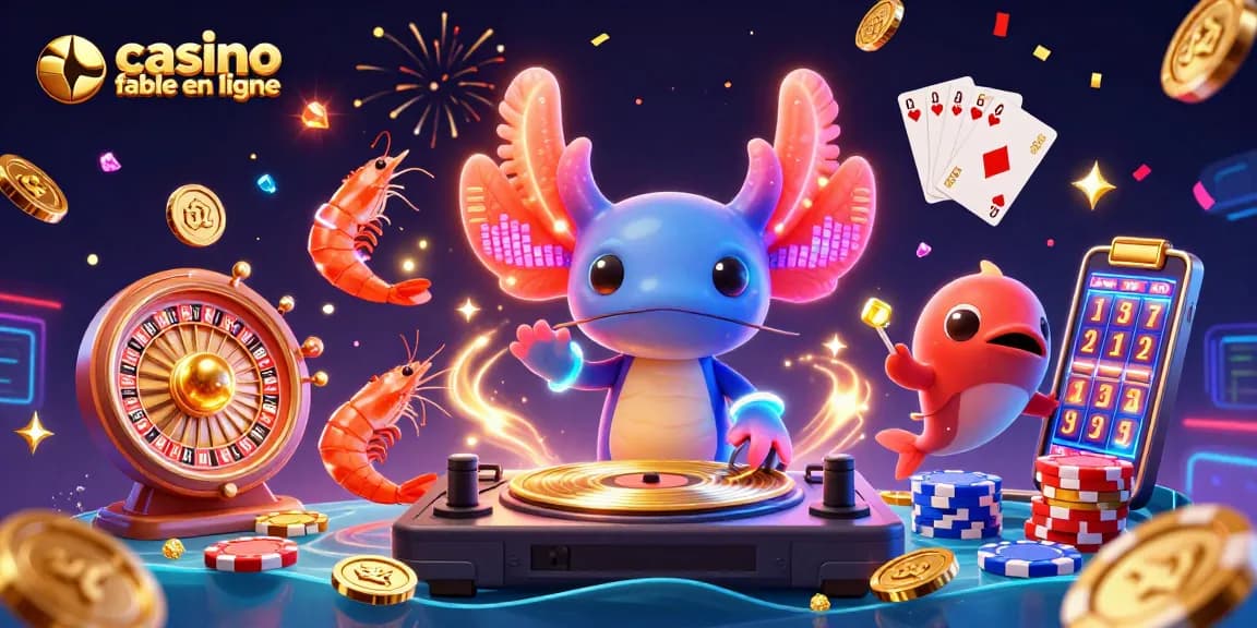 Jouer au casino fiable en ligne avec un DJ axolotl et des éléments de jeu animés.