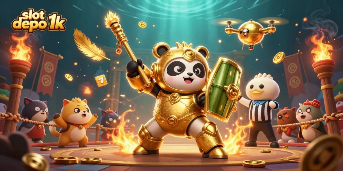 Engage in slot depo 1k excitement with a dynamic golden panda in a vibrant casino arena.