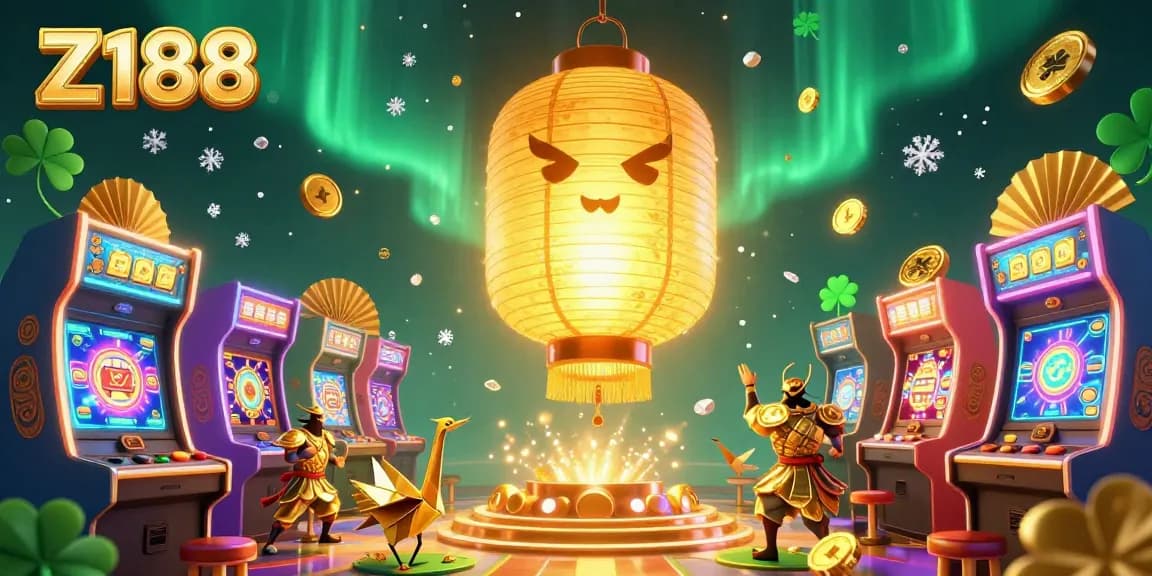 Z188 shines with a golden lantern spirit floating above a dynamic casino, showcasing rich gaming elements and 8K details.