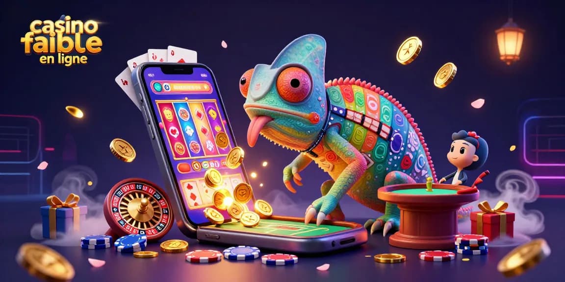 Illustration d'un chameleon de casino représentant un casino fiable en ligne, entouré de jeux, jetons et pièces d'or scintillants.