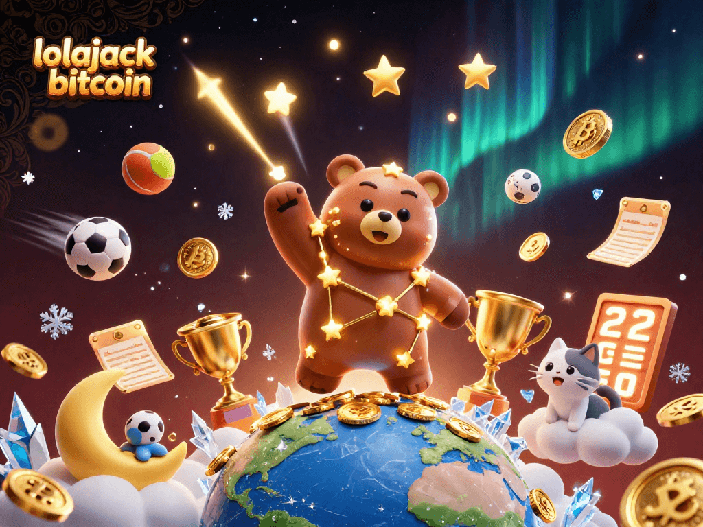 This engaging 3D illustration showcases lolajack bitcoin with a constellation bear and sports elements, perfect for casino enthusiasts.