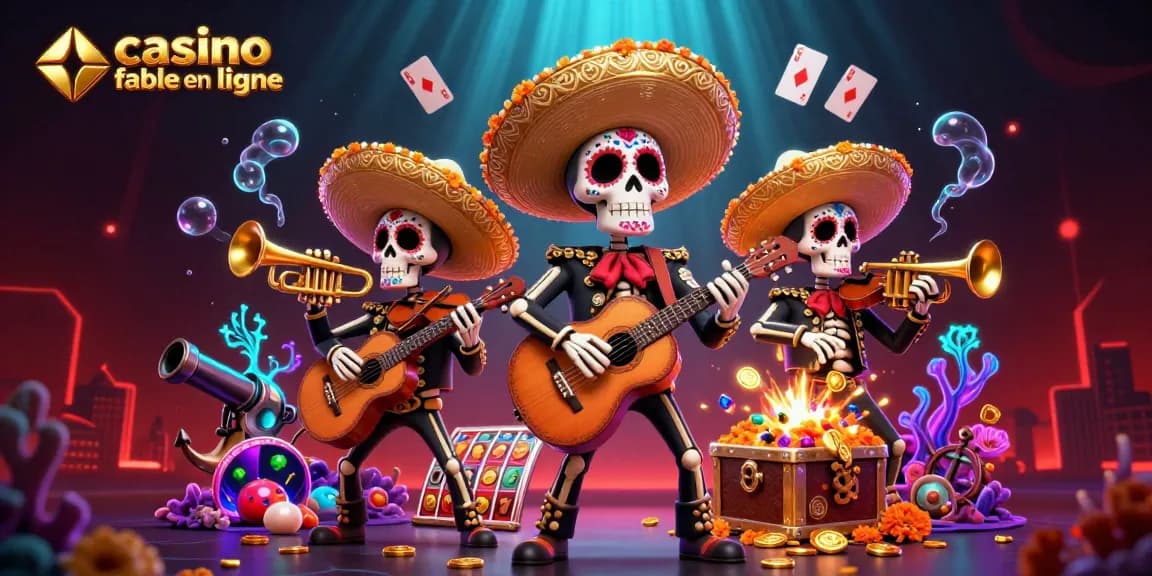Plongez dans l'univers du casino fiable en ligne avec une illustration dynamique de mariachi squelettiques et des éléments de jeu.