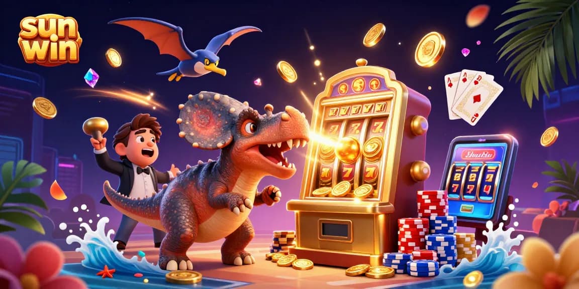 Engaging sun win scene with a dinosaur winning at a slot machine, captivating casino elements.