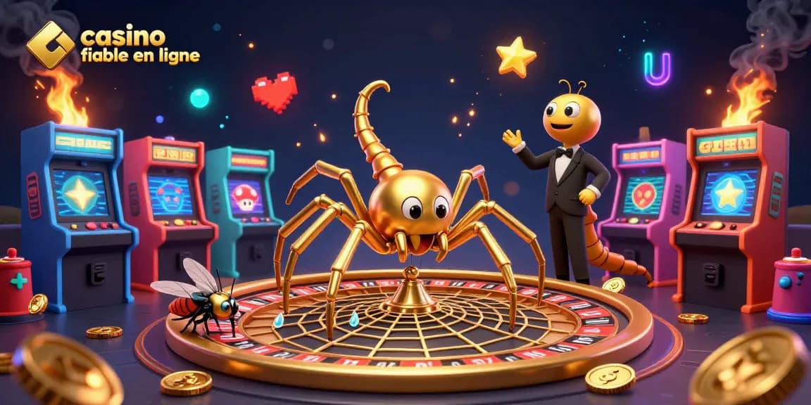 Visuel dynamique de casino fiable en ligne mettant en scène une araignée dorée et un croupier centipède autour d'une toile en roulette.