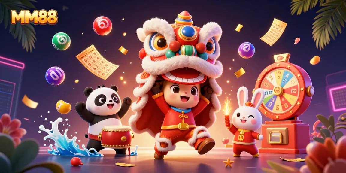 Join the excitement at MM88 with a vibrant 3D illustration highlighting dynamic gambling elements during a festive celebration.