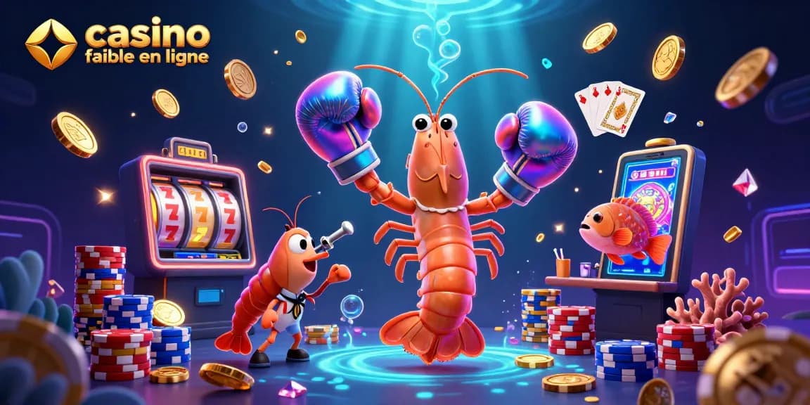 Illustration d'un casino fiable en ligne avec des personnages de crevettes dans une scène dynamique de machines à sous et de cartes.