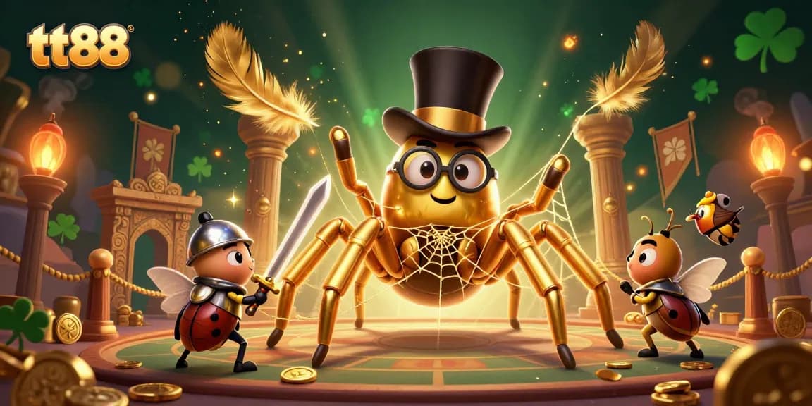 Experience tt88's thrilling casino adventure with a golden tarantula, a brave beetle knight, and vibrant game elements.