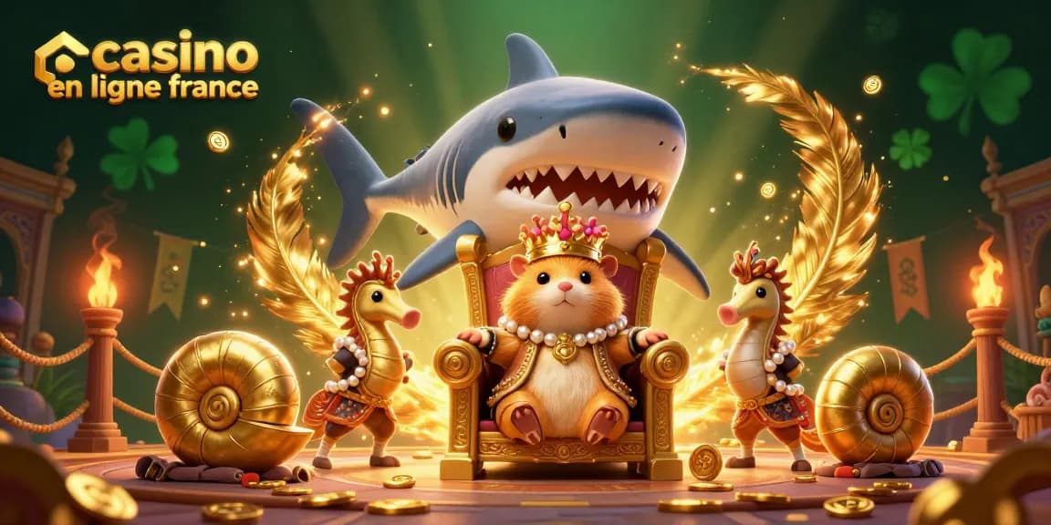 Le roi hamster en or sur un trône de dent de mégalodon, symbolisant le casino en ligne France avec des pièces et des décorations.