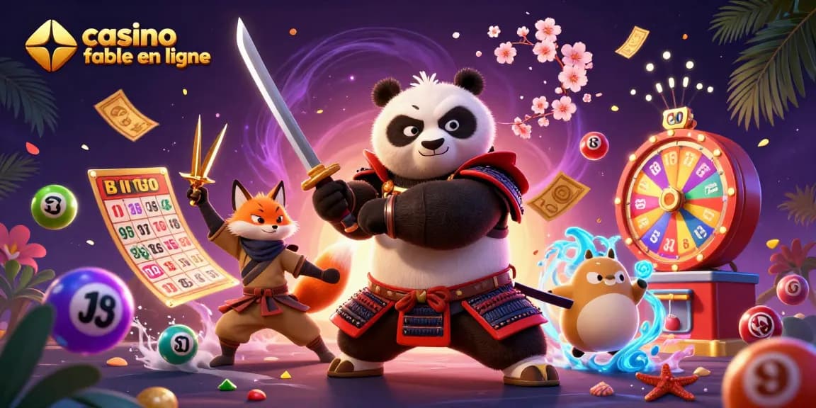 Illustration captivante d'un casino fiable en ligne avec un panda samouraï et un renard ninja.