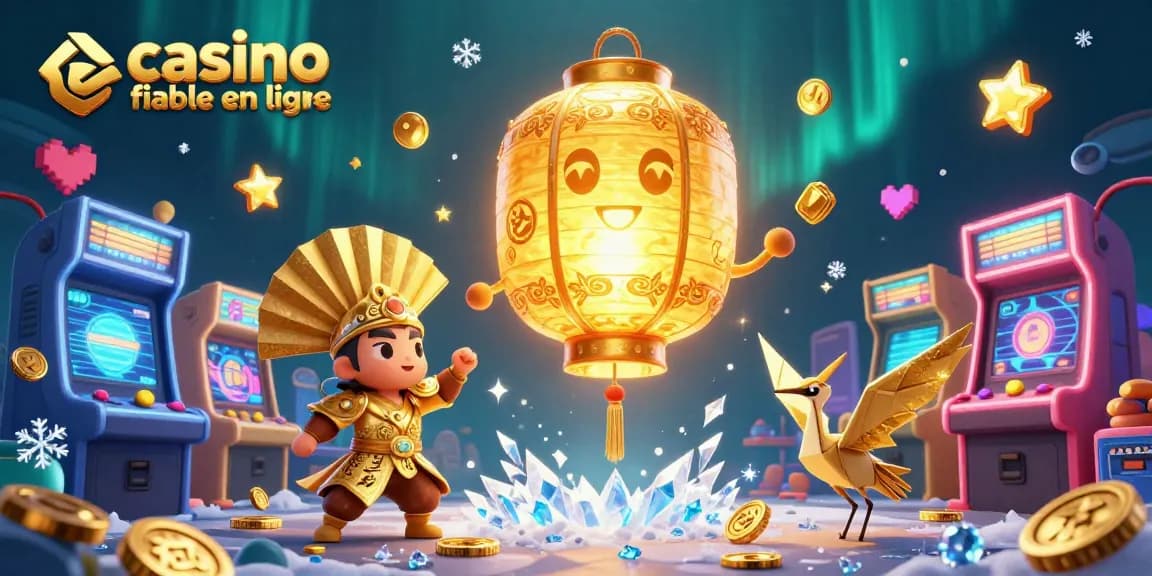 Illustration vibrante de casino fiable en ligne avec un esprit lantern, des guerriers et des éléments de jeux.