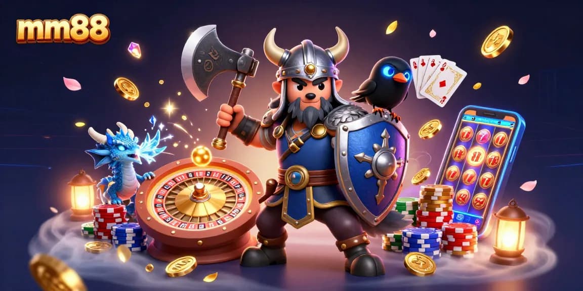 Engage with mm88's thrilling casino experience featuring a Viking warrior, dragon, and riches.