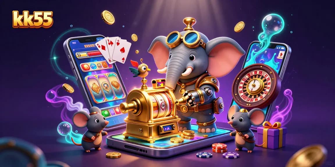 Play engaging slot games at kk55 with steampunk characters and vibrant casino elements.