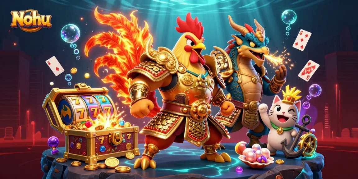 Nohu showcases an epic scene with a fighting rooster warrior, dragon hatchling, and treasure-filled slots.