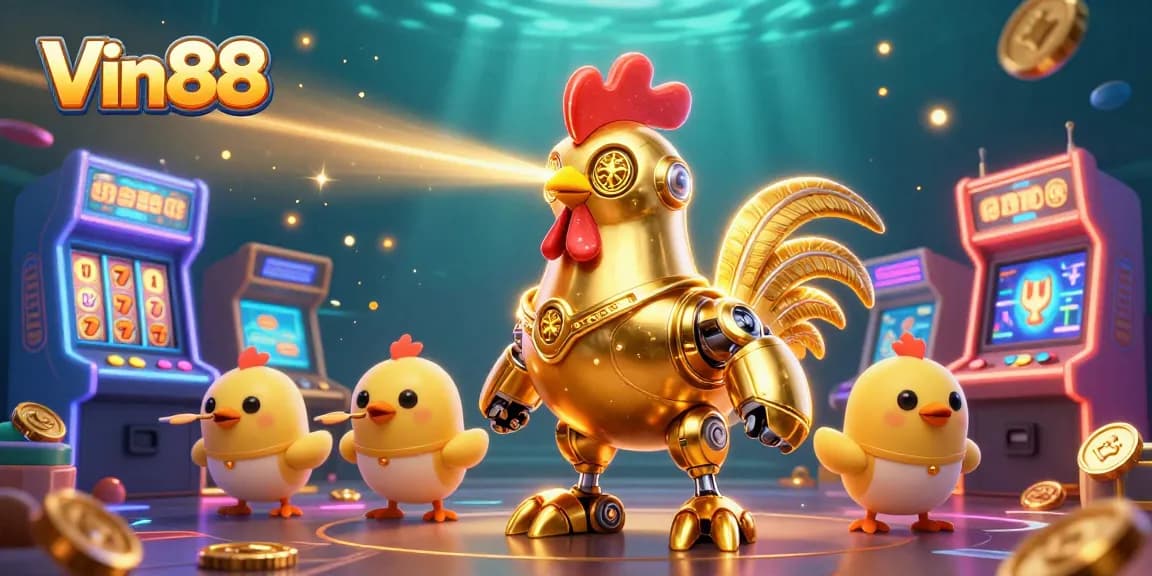Experience excitement at Vin88 with a retro futuristic golden rooster shooting lasers amidst vibrant slot machines.