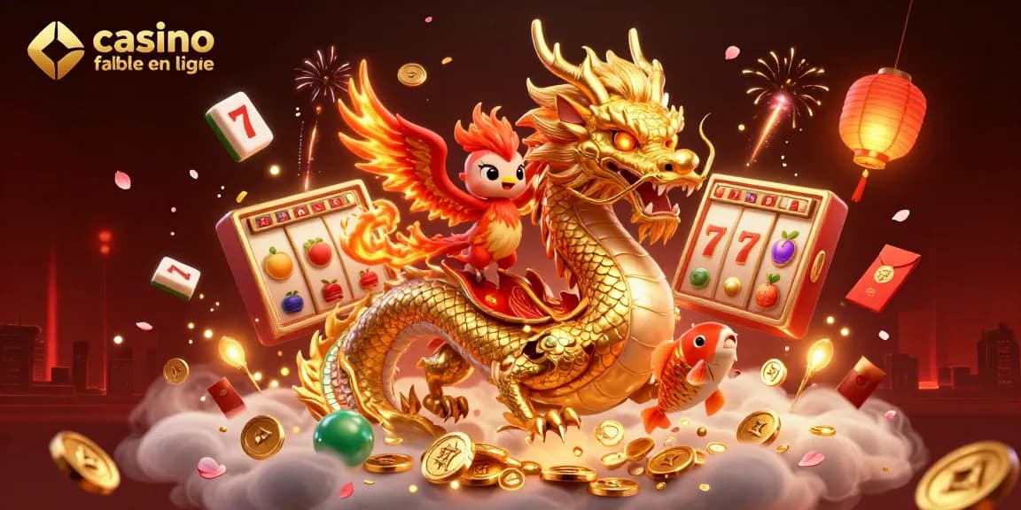 Apportez votre chance avec notre illustration de casino fiable en ligne mettant en scène un dragon doré et un phoenix