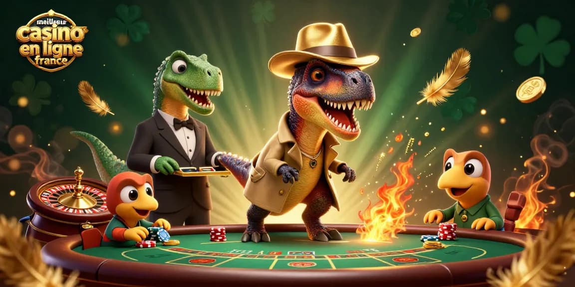 Rassemblement autour du meilleur casino en ligne France avec un velociraptor au blackjack et un pit boss méfiant.