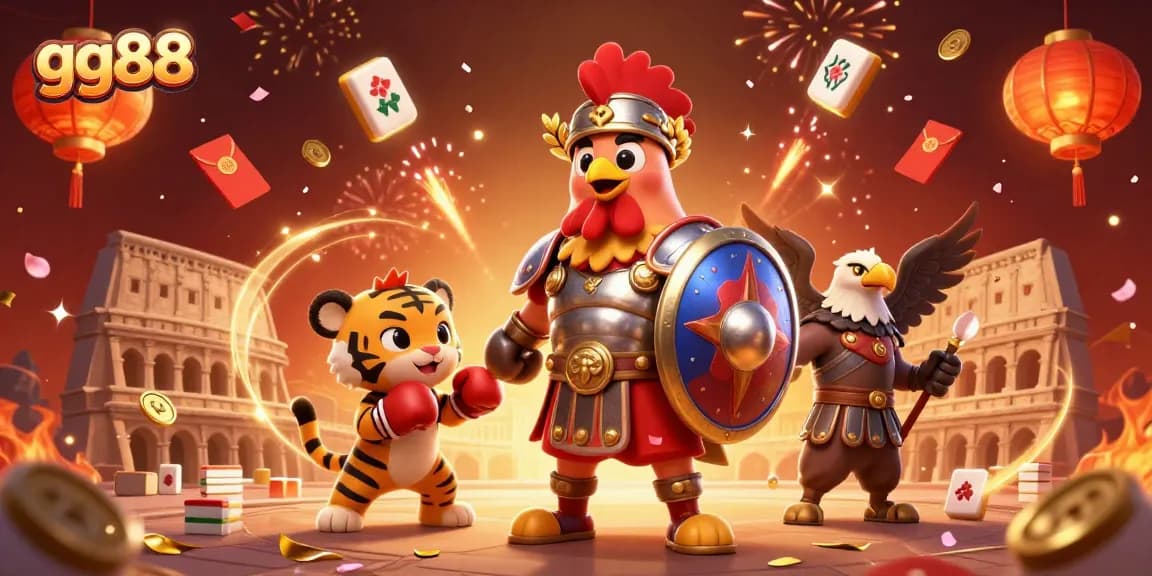 Engage with gg88 in an energetic betting scene featuring a gladiator rooster and celebratory casino elements.
