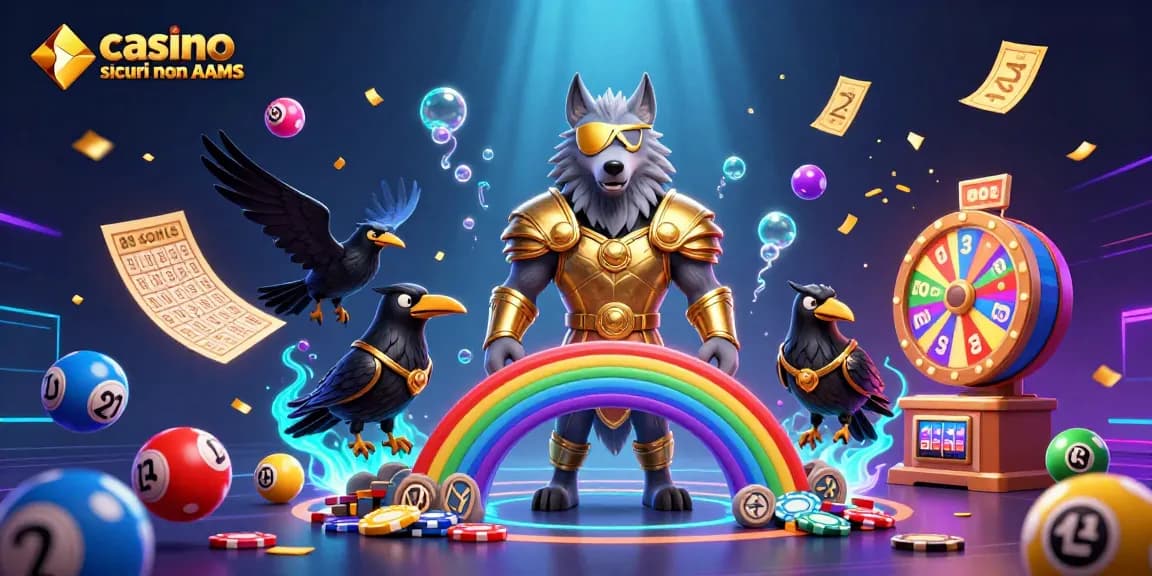 Gioca nei casino sicuri non AAMS con Odin e i suoi corvi tra palloni della lotteria e schede bingo vibranti.