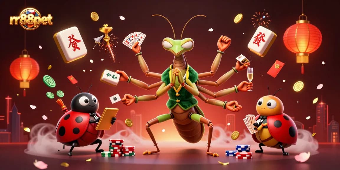 rr88pet showcases a vibrant casino scene with a giant praying mantis dealing cards, creating excitement.