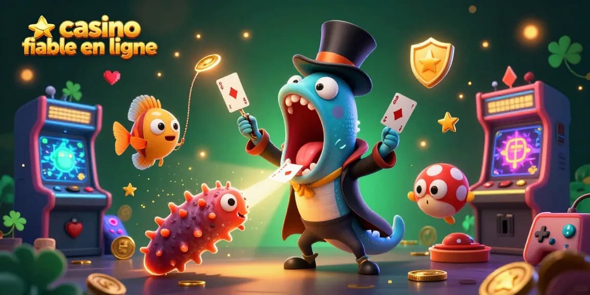 Découvrez un personnage magique représentant un casino fiable en ligne, s'animant avec des éléments de jeu colorés.