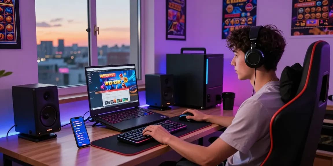 Engaging scene illustrating cara daftar wd138 for online gaming enthusiasts in a vibrant home office.