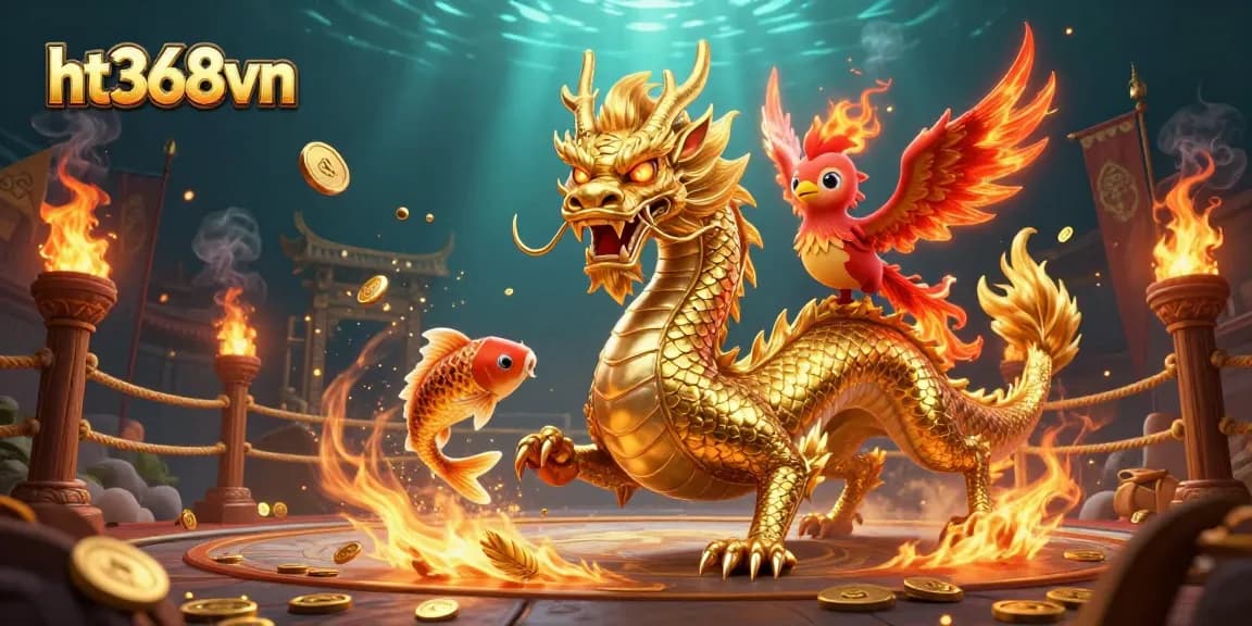 Engage in thrilling gameplay at ht368vn with a dazzling dragon, phoenix, and koi fish amidst gold and gaming elements.
