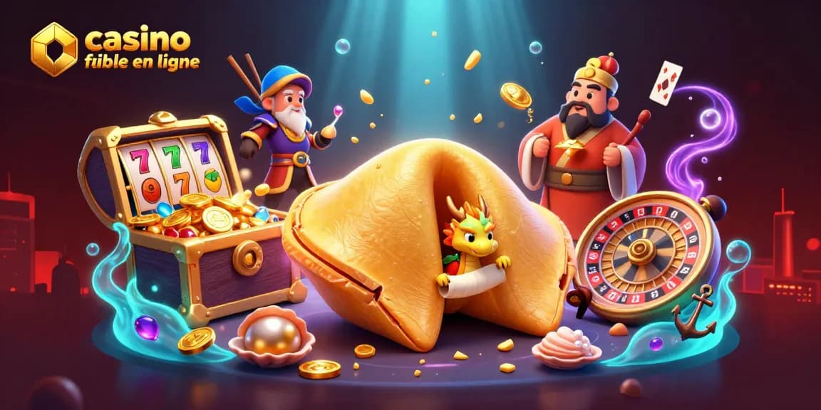Illustration de casino fiable en ligne avec un cookie de fortune géant et un dragon malin.