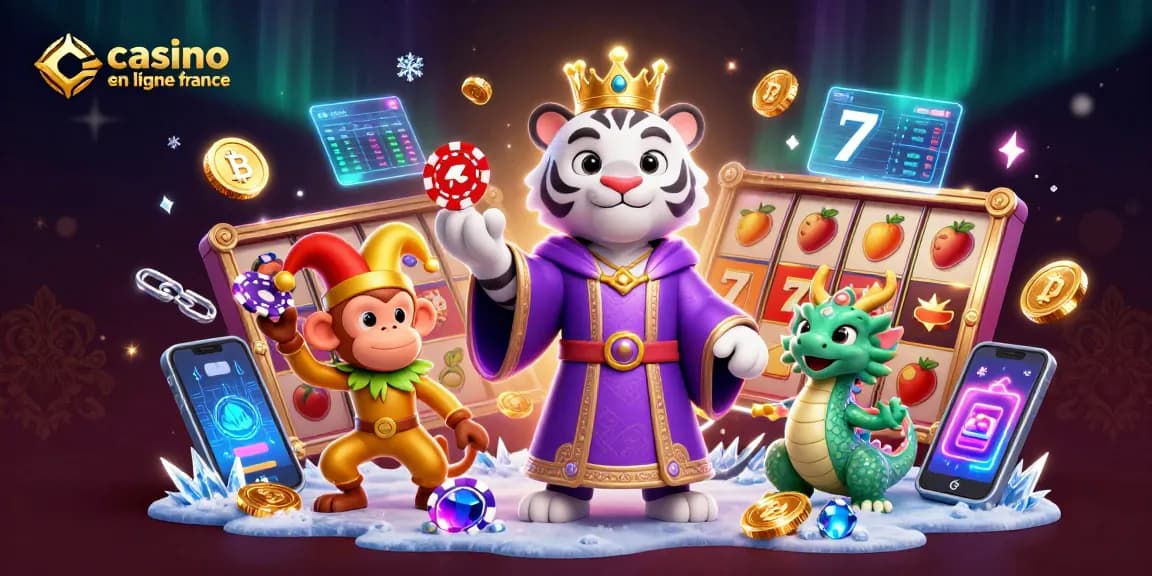Jouez au casino en ligne France avec des personnages de jeux entourés de symboles de jackpot et de crypto-monnaies.