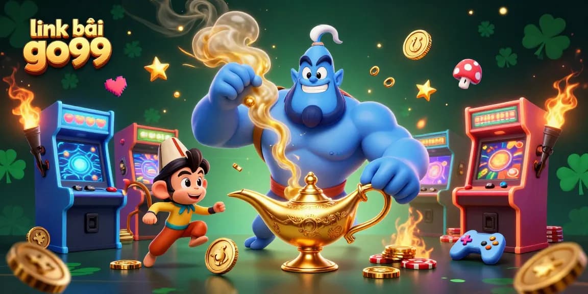 Experience link vào go99 with a vibrant 3D casino scene featuring a genie and poker chips.
