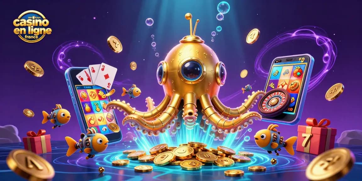 Visualisez le meilleur casino en ligne France avec un kraken en sous-marin entouré de pièces d'or et jeux à gagner.