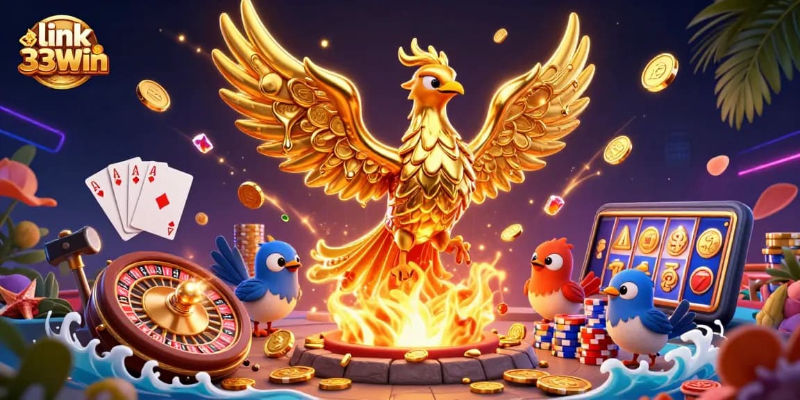 Engage in exciting gameplay with link 33Win as molten gold coins flow amidst vibrant casino elements.