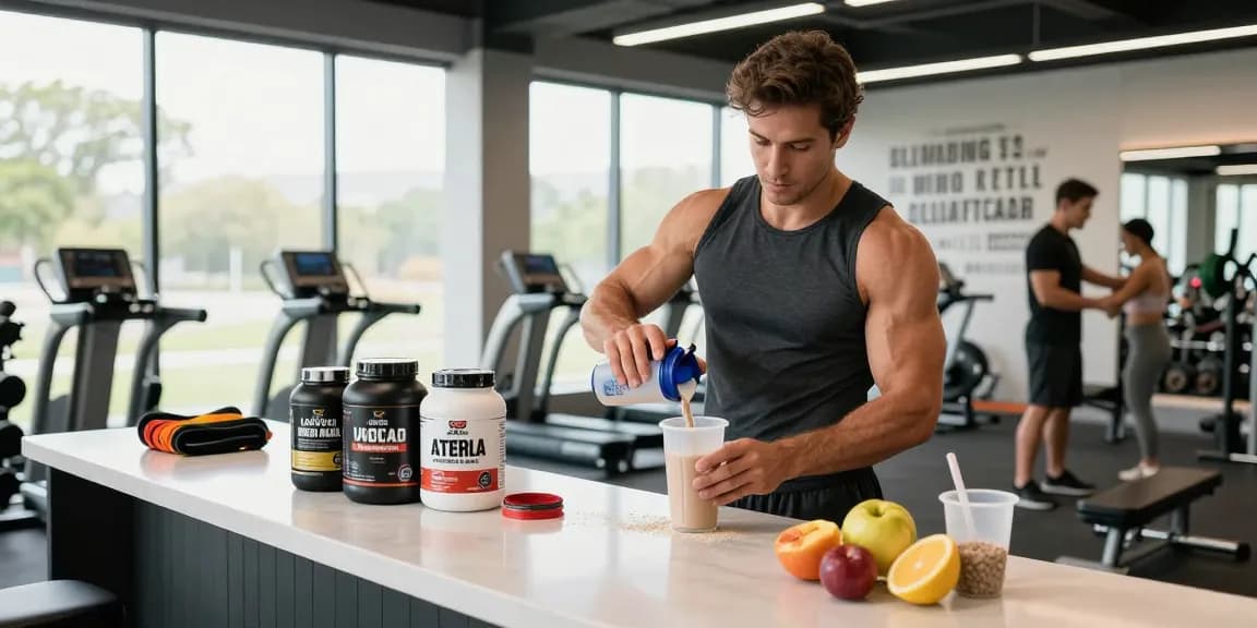 Action shot of a man preparing a pre-workout shake in the Astera Shop, surrounded by fitness supplements and equipment.