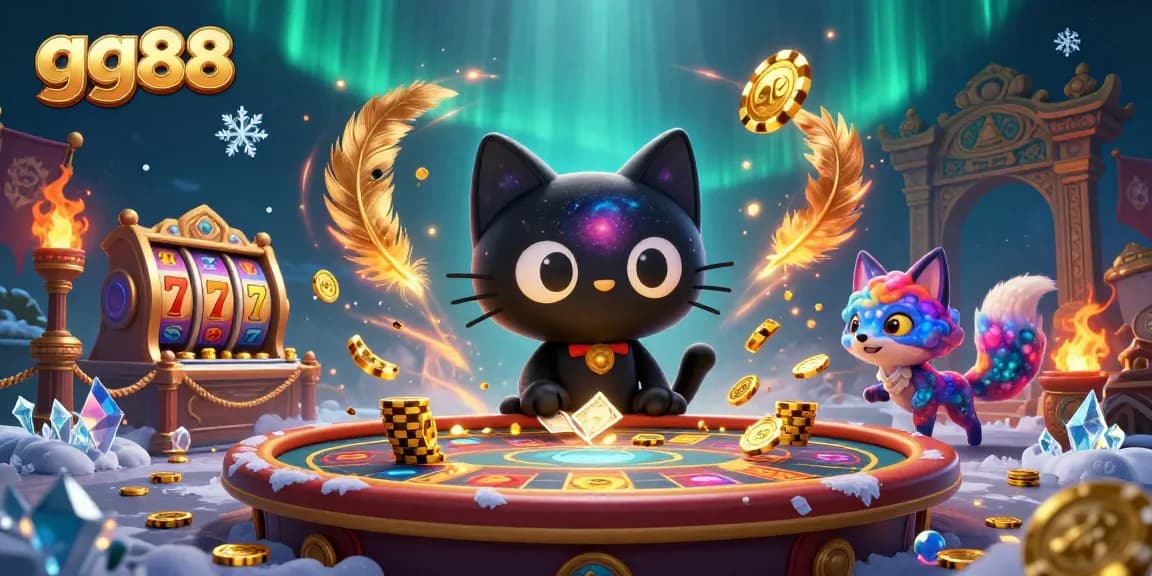 Experience the thrill of gg88 with a cosmic casino scene featuring a black hole cat and colorful fox.