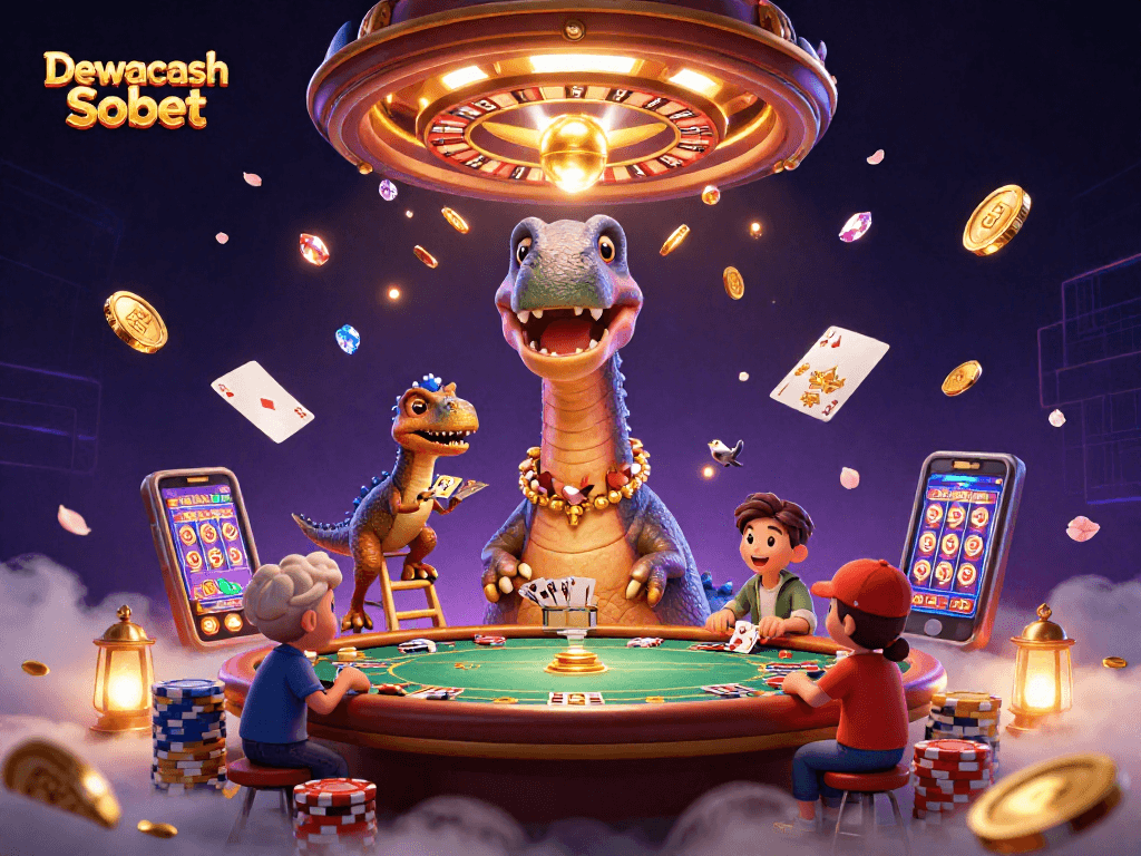 Dewacash Sbobet showcases an exciting casino scene with a dinosaur and raptor dealer amidst vibrant gambling elements.
