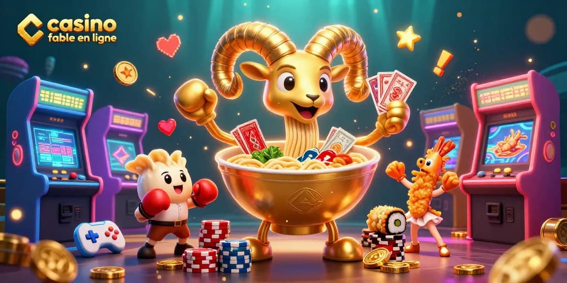 Vérifiez un agent de jeu dans un casino fiable en ligne avec des personnages amusants comme un bol de ramen géant.