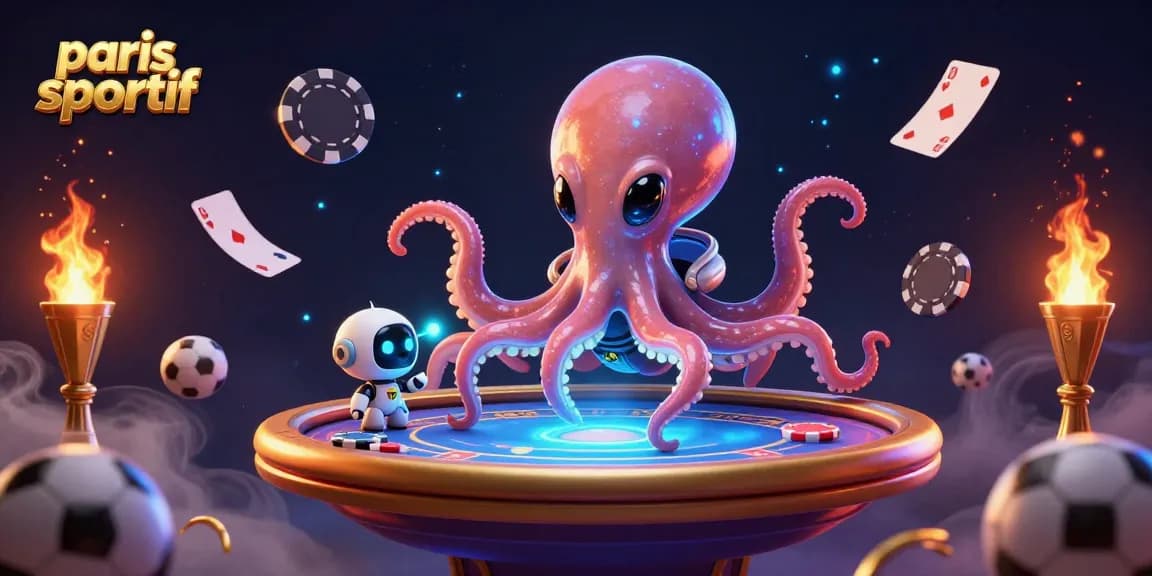 Bettez sur paris sportif avec une illustration dynamique d'une pieuvre extraterrestre et des éléments de sport.