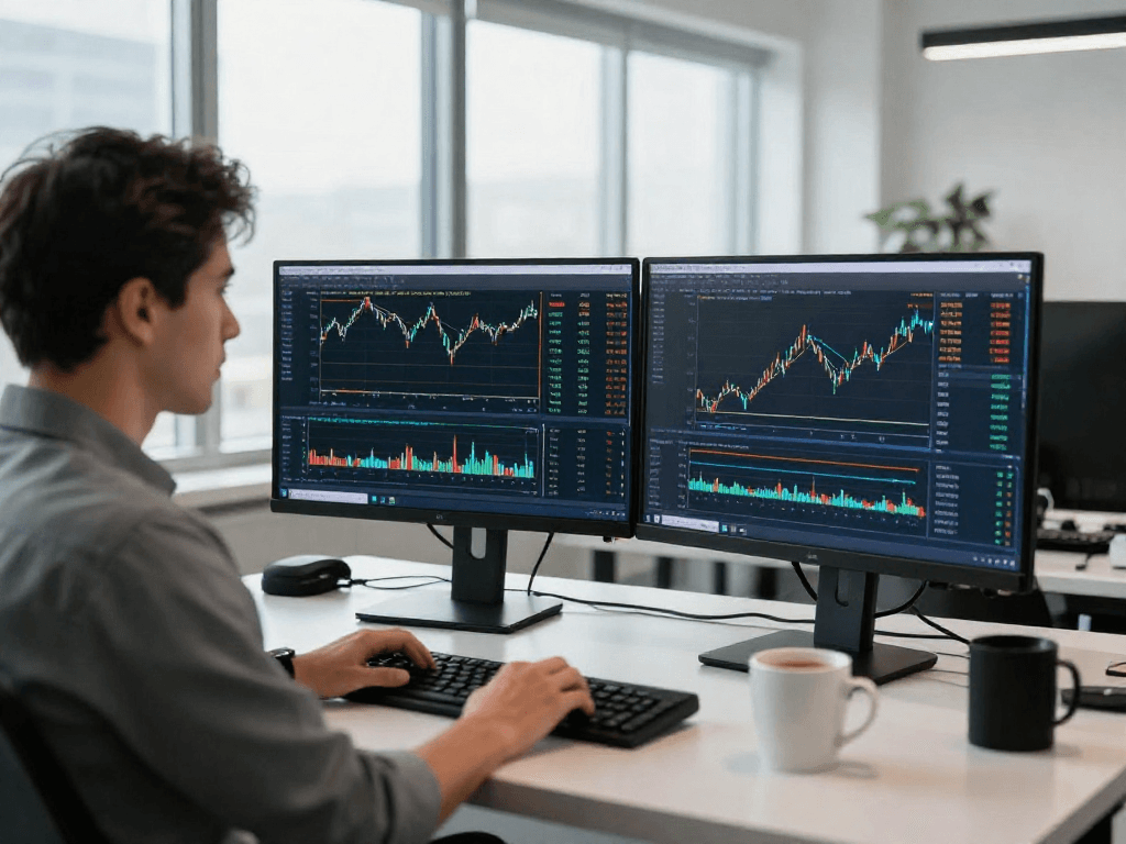 Trader using metatrader 5 for market analysis in a modern office setting.