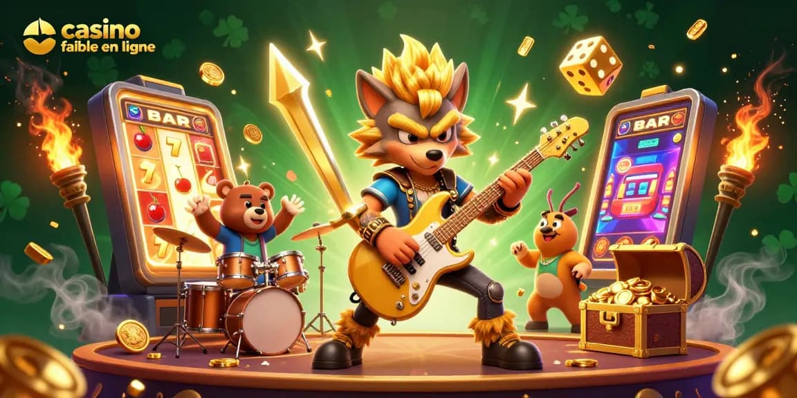 Découvrez une illustration dynamique de casino fiable en ligne, avec des personnages 3D en plein concert sur scène et des machines à sous éclatantes.