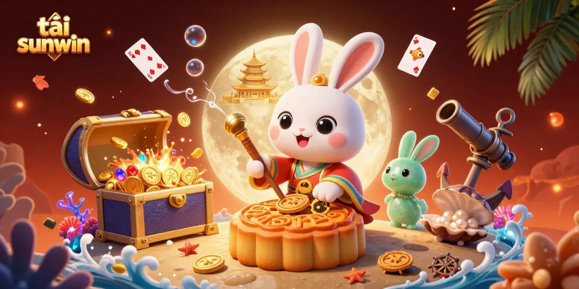 Tải sunwin features an engaging scene with moon rabbits revealing poker chips, showcasing a playful casino theme.