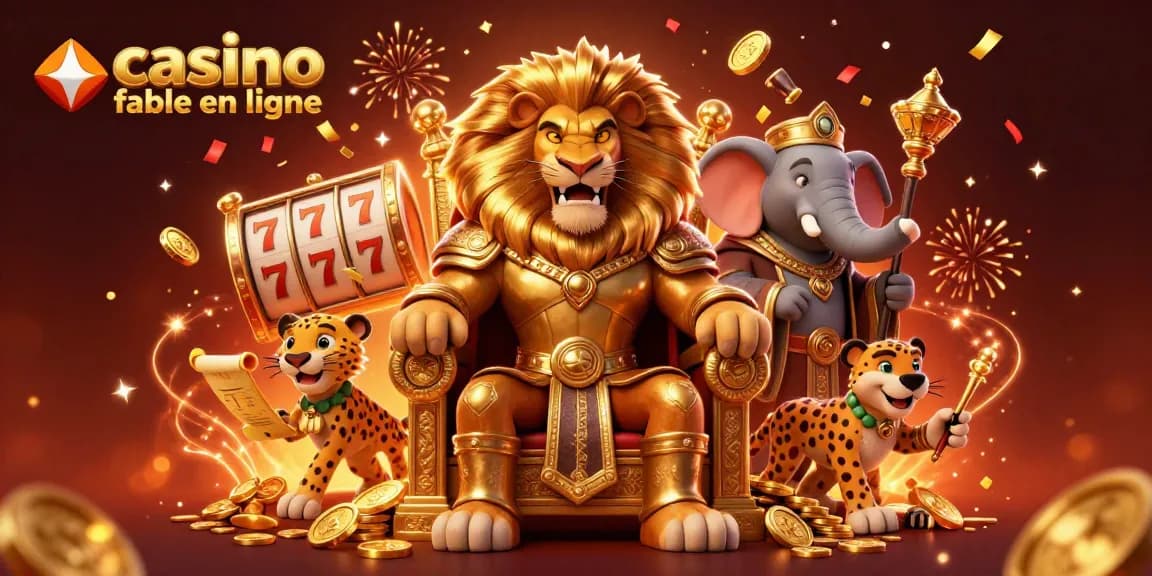 Illustration dynamique de casino fiable en ligne avec un roi lion et des éléments de jeux de machines à sous.