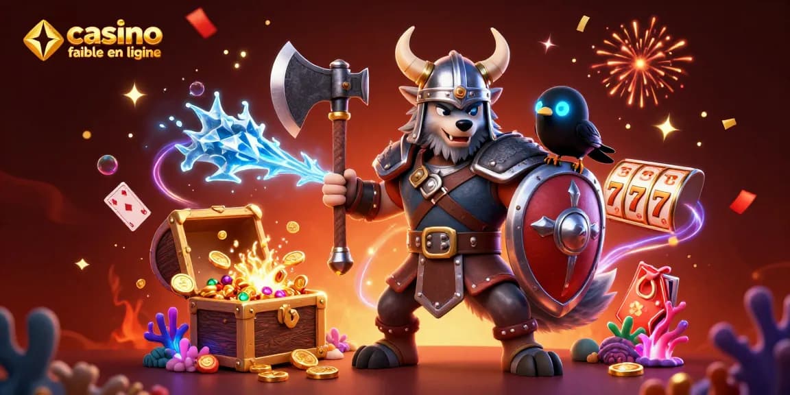 Jouez dans un casino fiable en ligne avec des personnages de guerriers et un dragon, entourés de trésors.