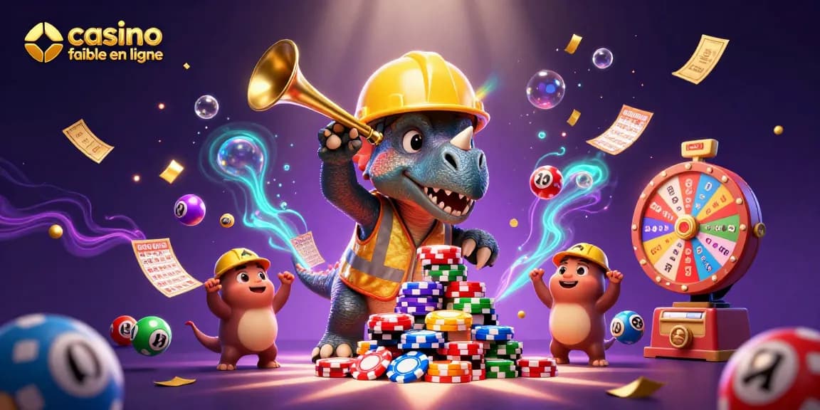 Créer des gains avec un casino fiable en ligne illustré par des dinosaures festifs.