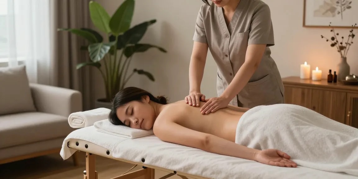 Relaxing home spa scene with a therapist providing 영등포출장안마, enhancing wellness and tranquility.