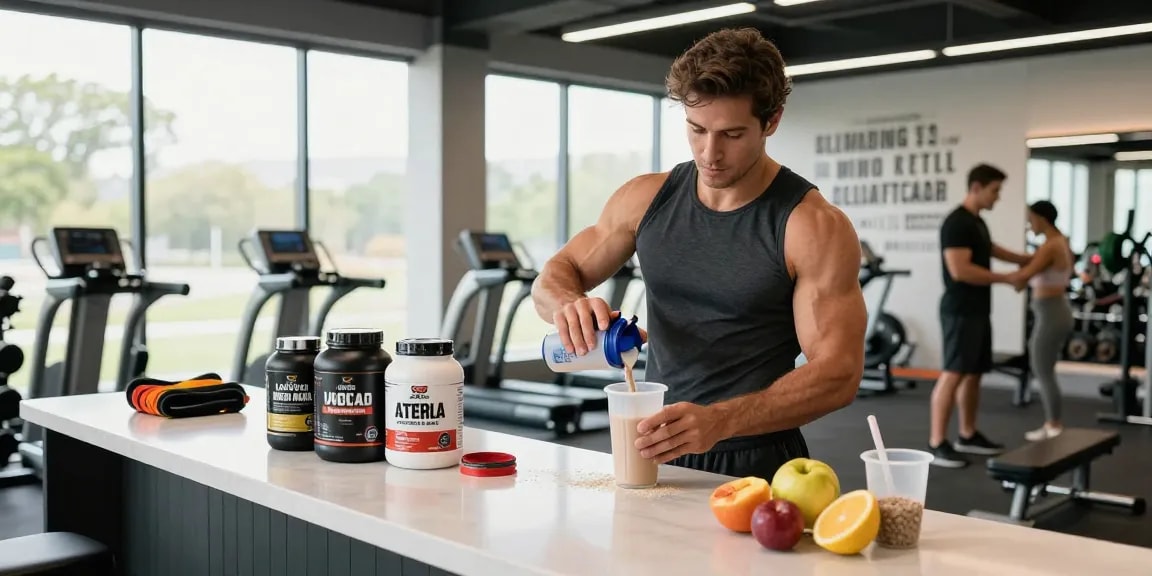 Action shot of a man preparing a pre-workout shake in the Astera Shop, surrounded by fitness supplements and equipment.