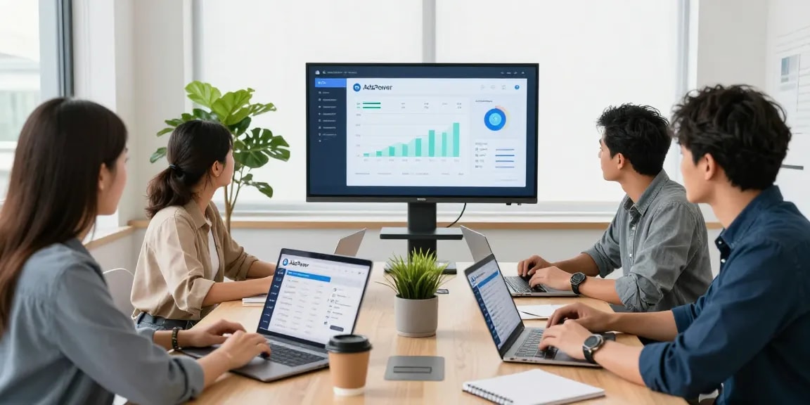 在会议室中，团队成员使用 https://adspowet.com 管理多账号，展示指纹浏览器功能的多样性和团队合作氛围。