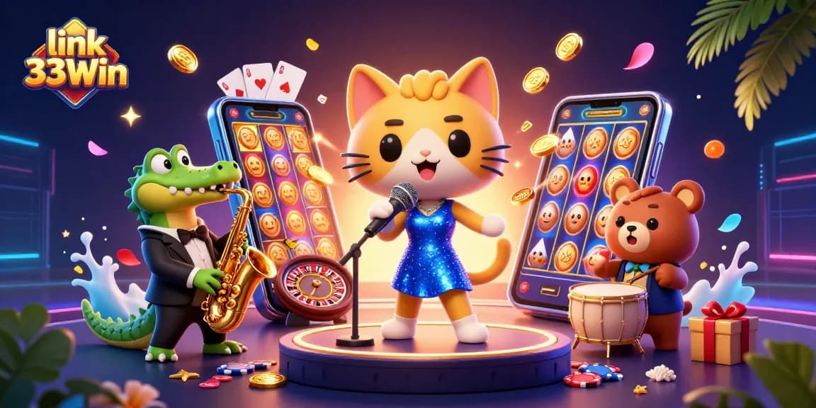 Experience thrilling gaming action at link 33Win with a vibrant 3D casino illustration
