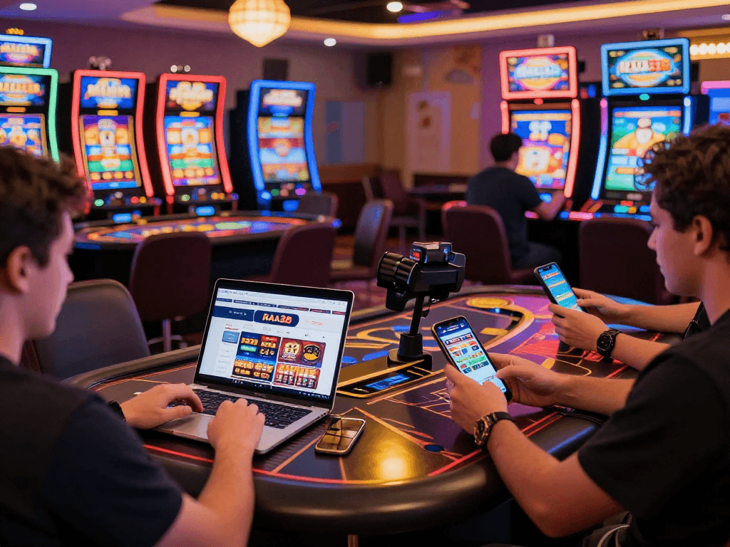 Exciting RAJA328 gaming experience with players on mobile devices and colorful games